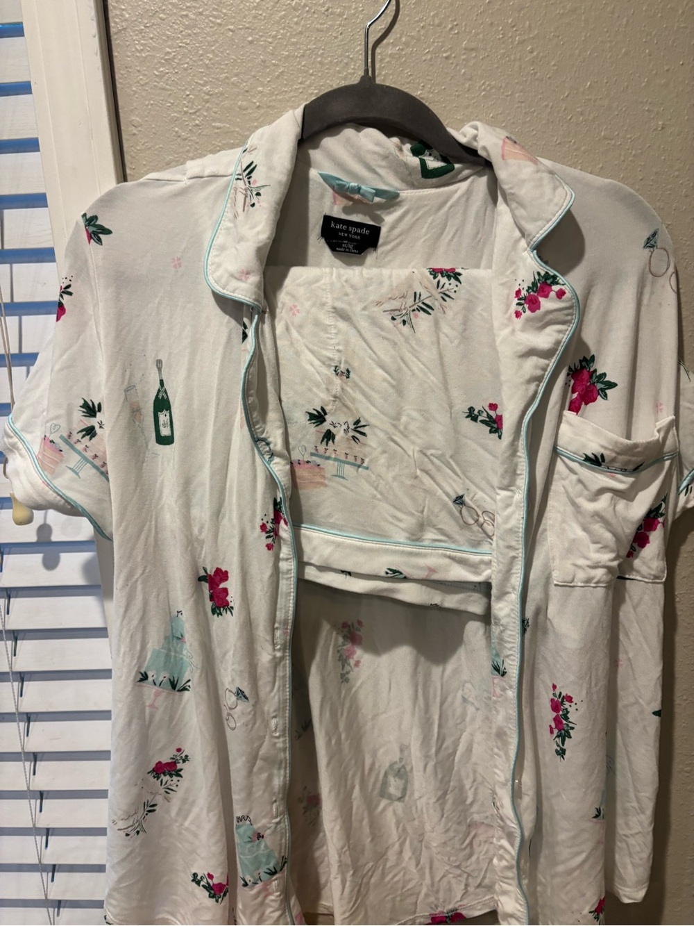 kate spade White Floral & Mint-Trim Pajama Top